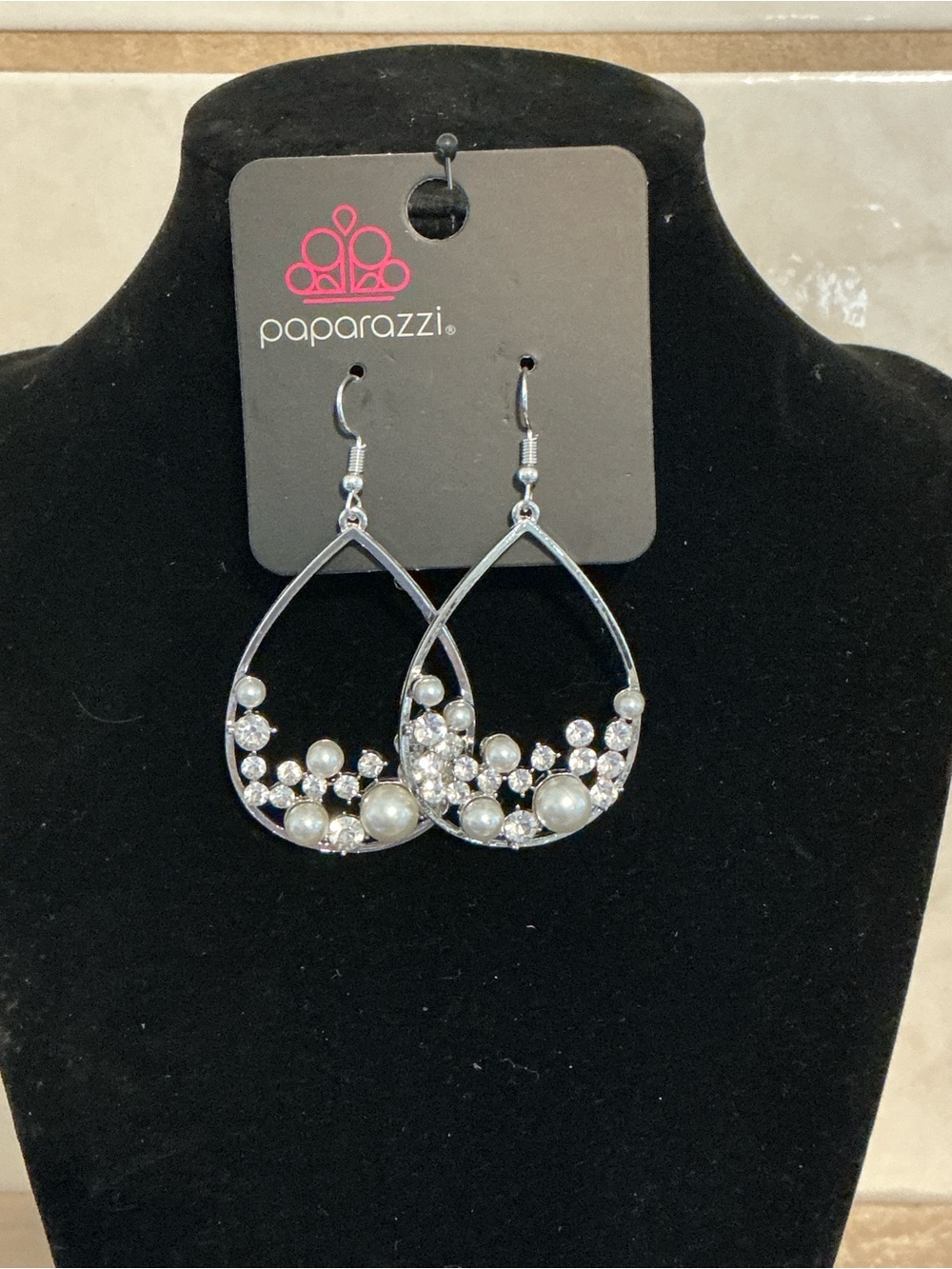 Paparazzi Silver Teardrop Earrings with Pearls and Crystals - White